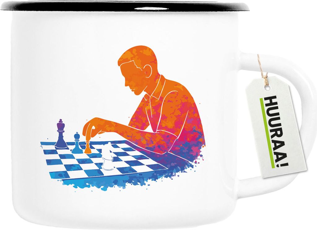 Huuraa Emaille Tasse Schach bunte Silhouette 300ml Vintage Campingbecher Geschenkidee