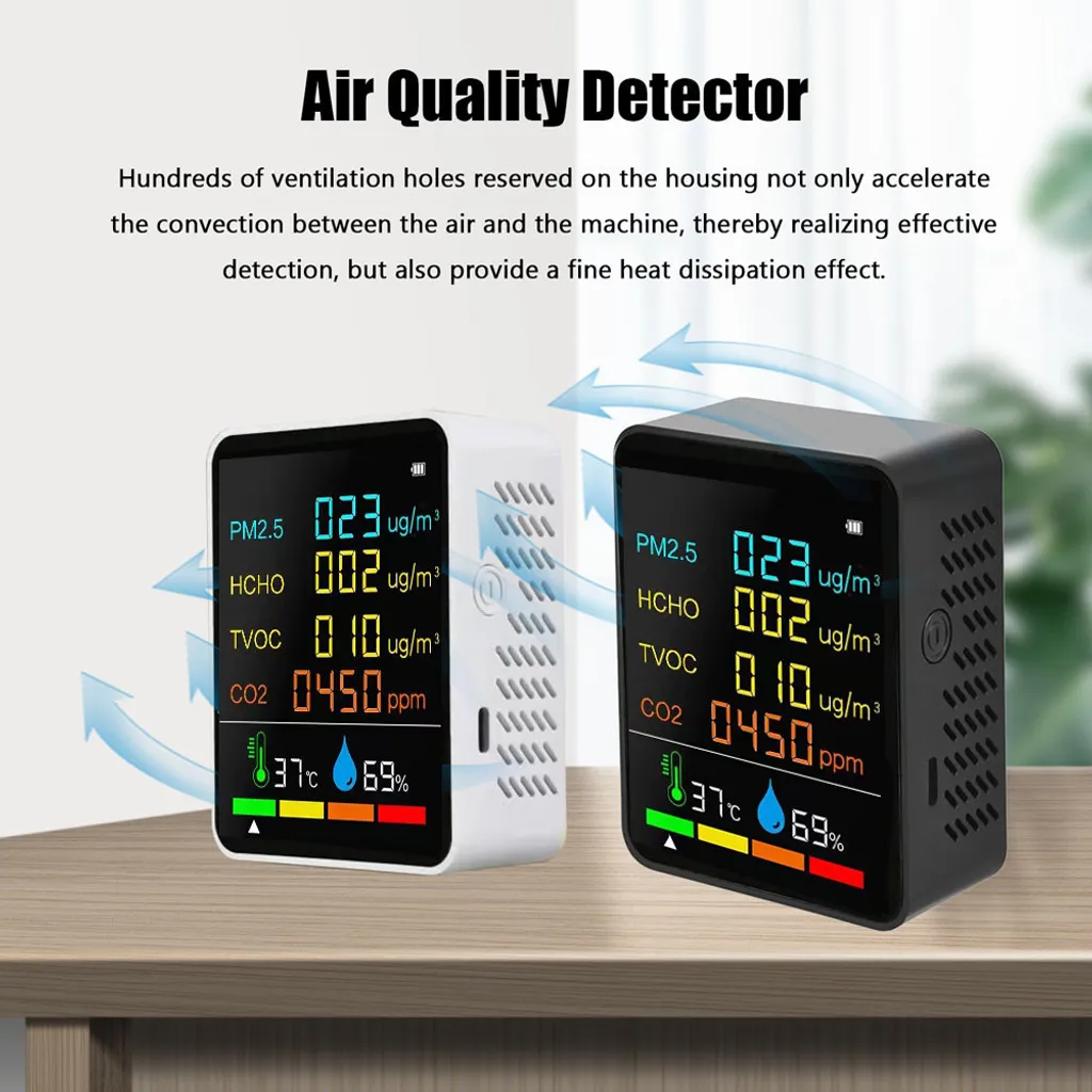Détecteur CO2 multifonction avec PM2.5 et TVOC - Moniteur Air LCD Noir - 5