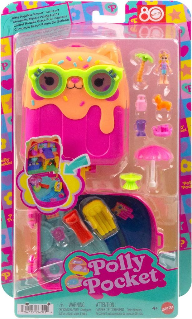 Mattel Polly Pocket Eiskätzchen-Schatulle, Spielset mit 1 Minipuppe und Hündchen, Reisespielzeug mit passendem Zubehör
