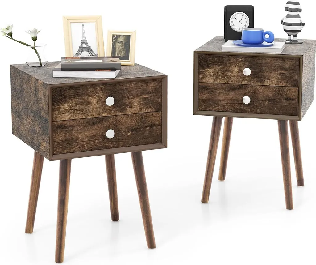 Table de chevet en bois rustique avec 2 tiroirs de rangement compacts