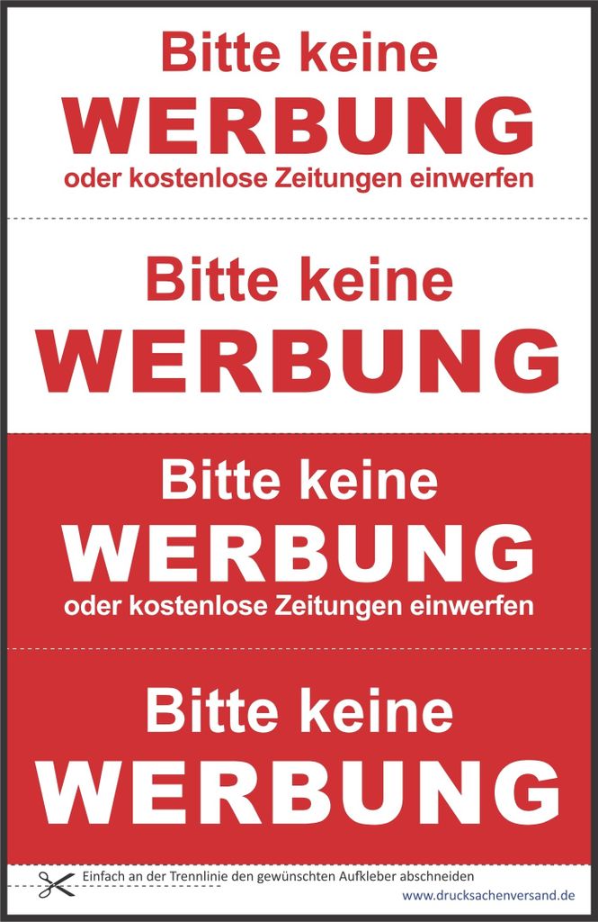 6 x 4 Stück Aufkleber Keine Werbung, Folienaufkleber mit UV-Schutzlackierung, Stop - Bitte keine Werbung oder Zeitungen einwerfen ( Auf-515 )