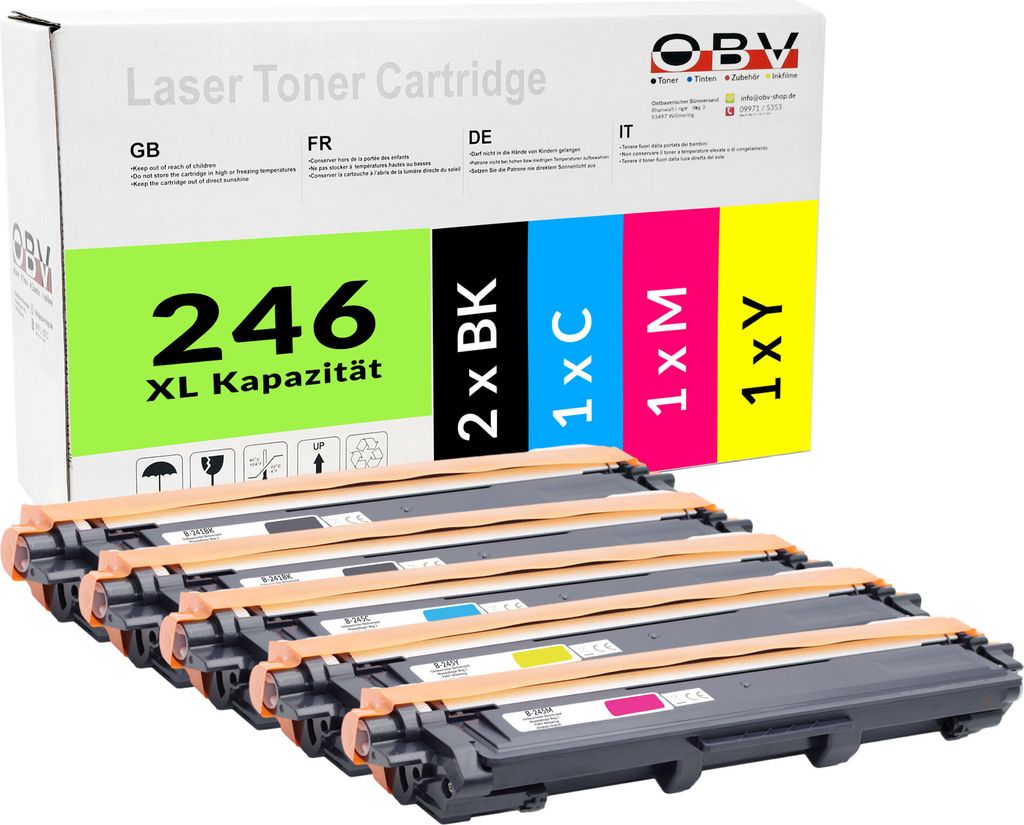 A box of toner cartridges with several cartridges stacked in front of it.