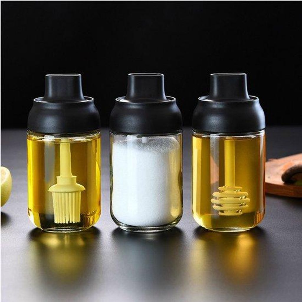 3 Stück Glas Kräuterbehälter mit Löffel – 250 ml, luftdicht schließend, Kräuterbehälter mit Deckel und Löffel, 1 Behälter für Honig, 1 ...
