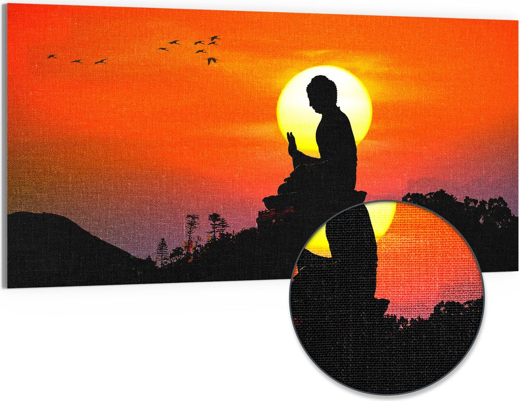 DEQORI Hybrid Leinwand Bild 100x50 cm 'Buddha im Sonnenlicht' Wandbild Glas flach modern