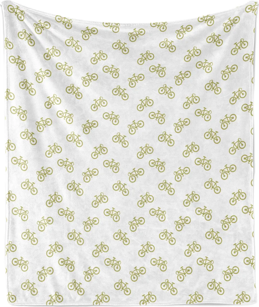 ABAKUHAUS Coperta in morbido pile di flanella color cachi, semplice disegno con pittogramma di bicicletta, soffice peluche per interni ed esterni, 125 x 175 cm, cachi bianco