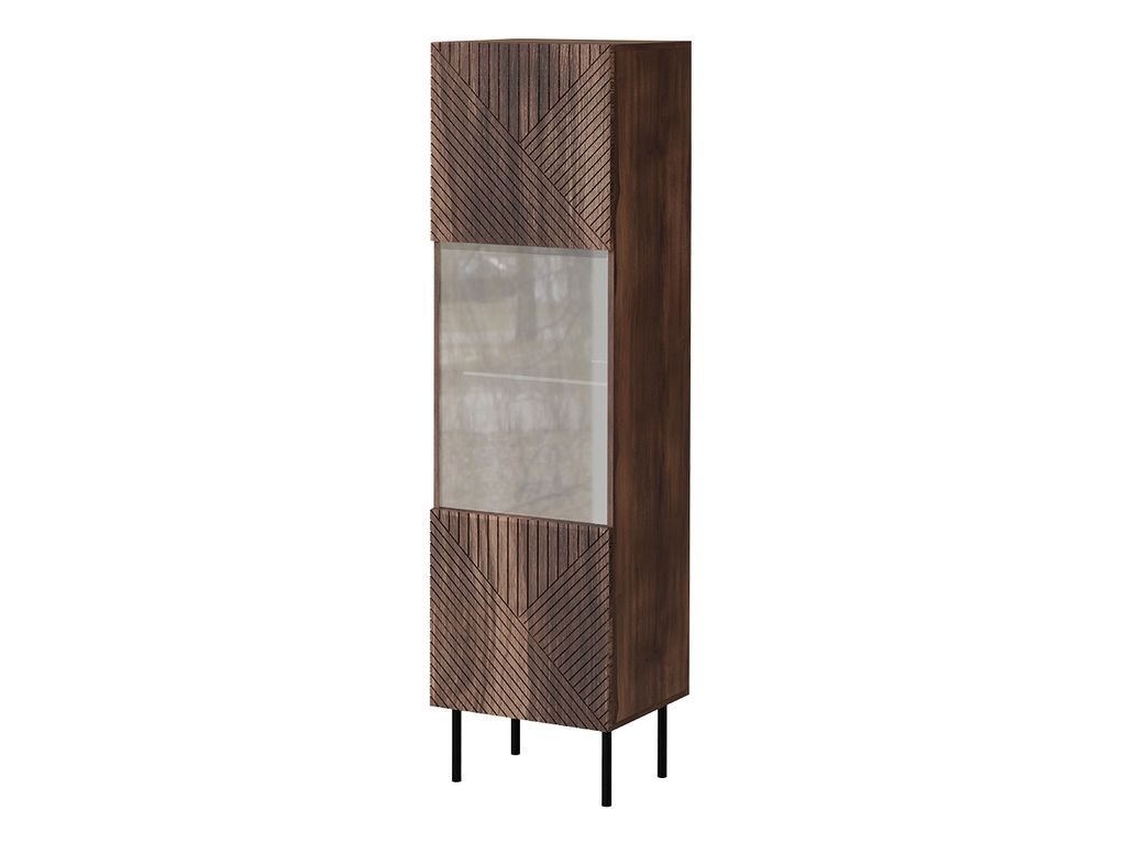 A tall, narrow display cabinet with a glass section and decorative wooden panels, standing on thin metal legs.