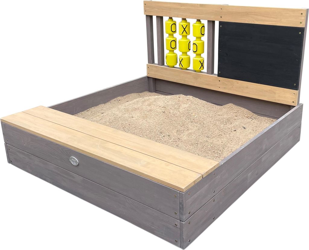 AXI Kitty Sandkasten aus Holz mit Sitzbank, Stauraum, Kreidetafel & Tic-Tac-Toe | Sandkasten in Grau & Braun inklusive Bodenplane und Abdeckung | ...