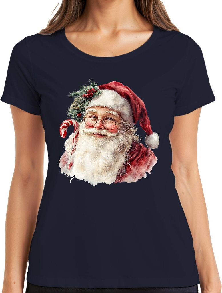 Weihnachtsmann Zuckerstange Bart Brille Aquarell Weihnachten Damen T-Shirt, Navy, XL