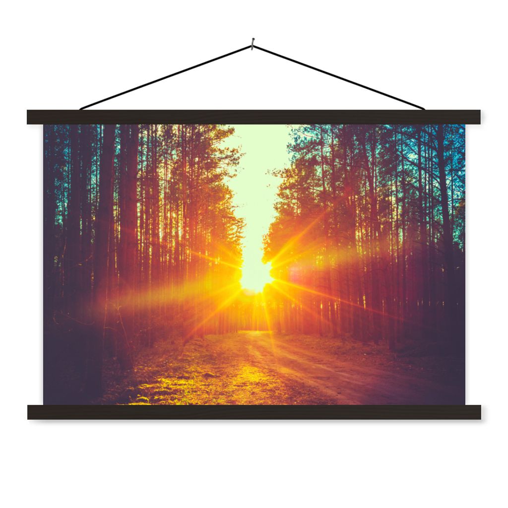 MuchoWow Textilposter Sonnenuntergang - Bäume - Wald - Natur 60x40 cm mit schwarzem Rahmen - Hölzernes