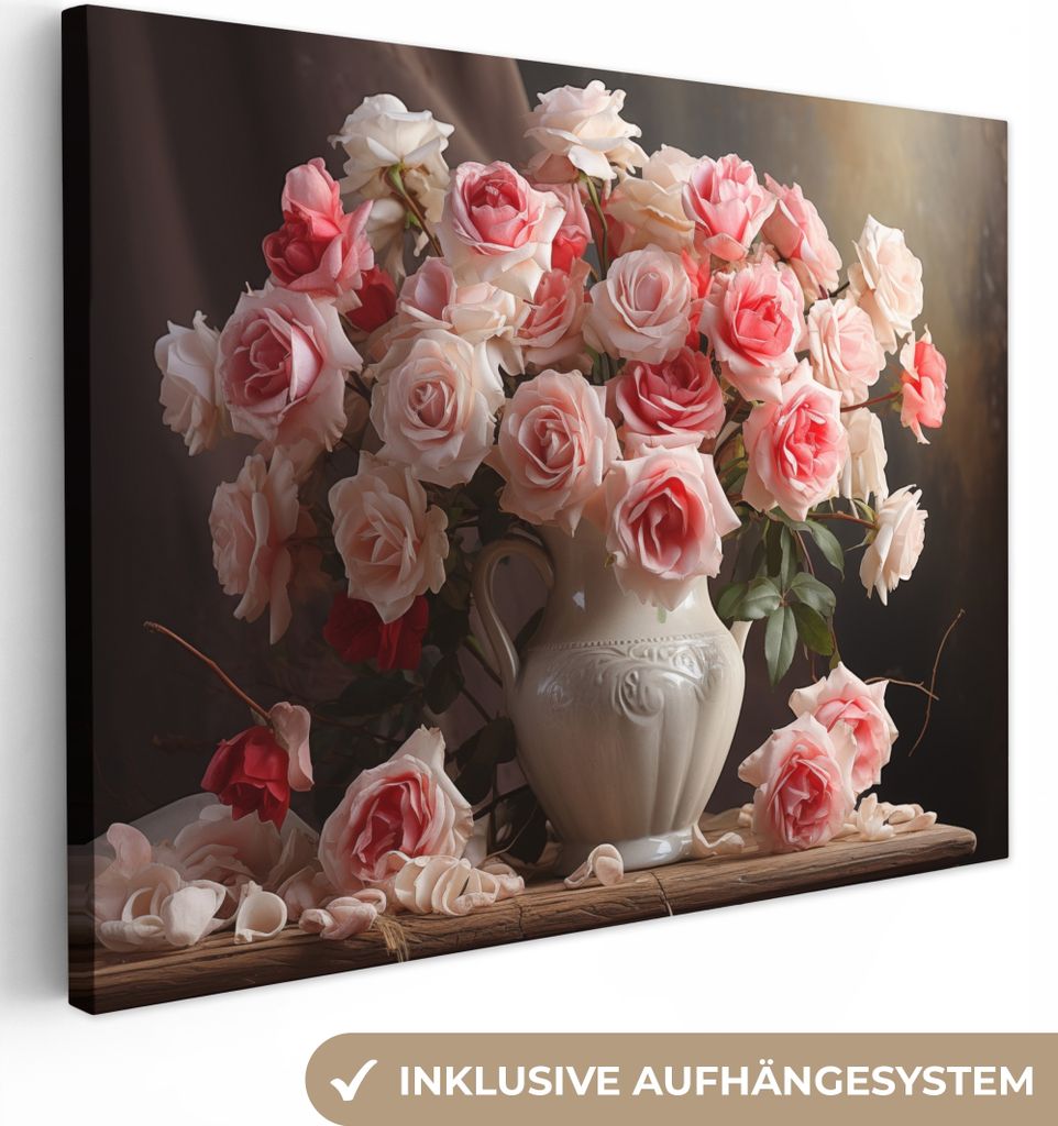 MuchoWow - Leinwandbilder - Blumen - Rosen - Vase - Stilleben - Blumenstrauß, Wandbild, Wanddeko Bilder Wohnzimmer, 40x30 cm