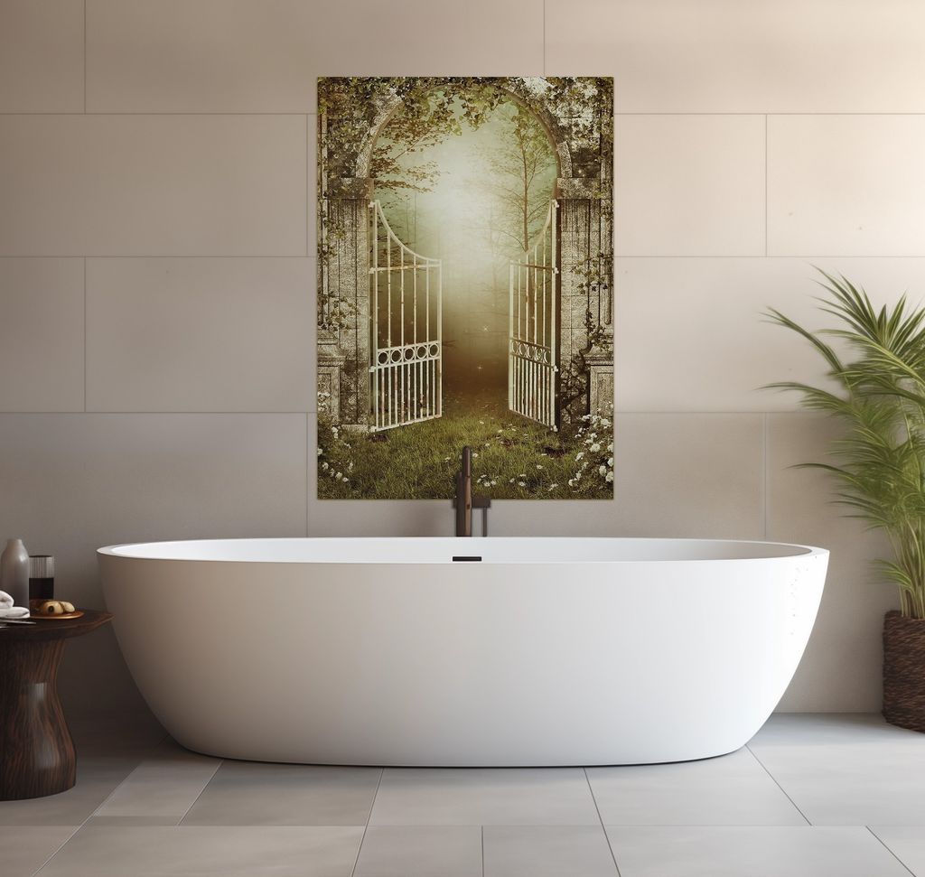 Wallario wasserfestes Poster selbstklebend 70 x 100 cm, Tor in den Wald, Badezimmerposter Spritzschutz mit Hochglanzoberfläche in Glasoptik