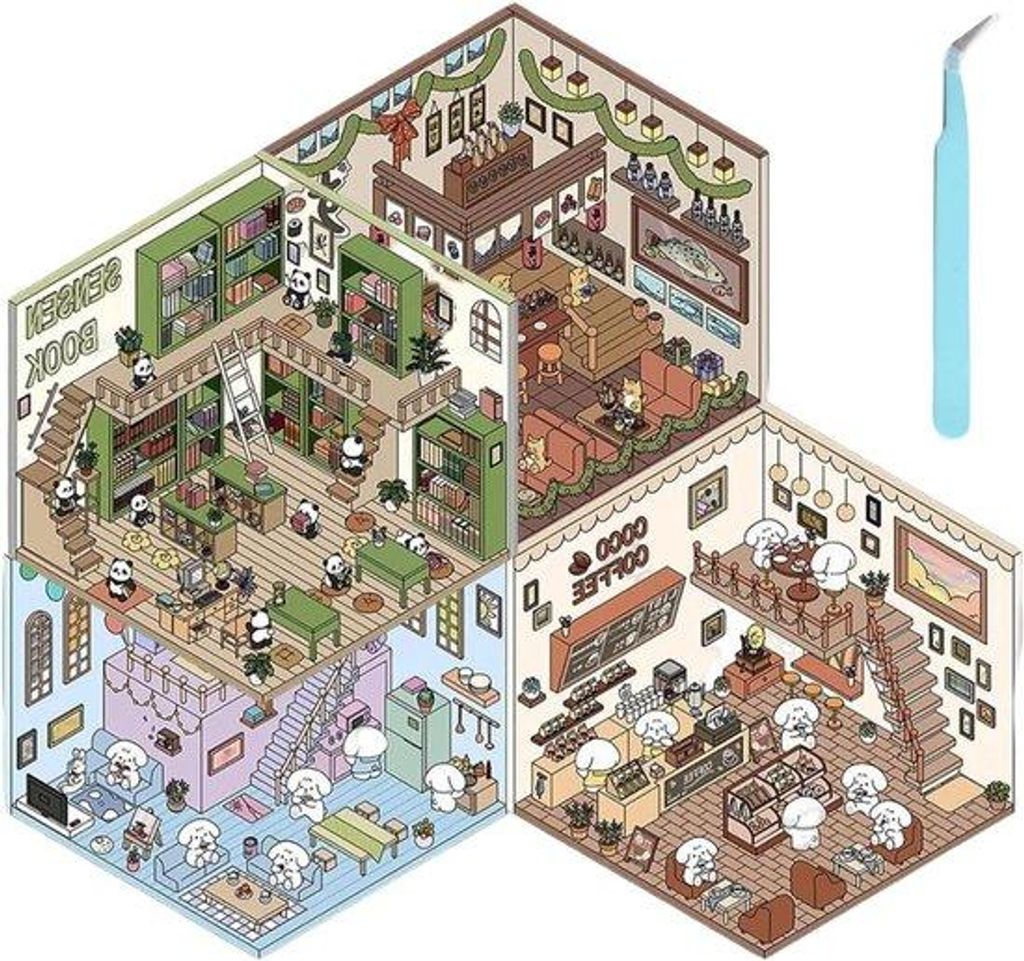 3D Huisstickers DIY Set - 4 Stück - Dekorative Verlichtung für DIY Projekte - Supermarkt, Coffeeshop, Restaurant und Bücherladen