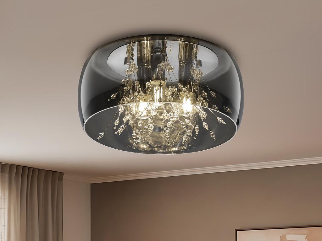 LED Deckenleuchte mit Glasschirm Rauchglas Optik & Kristallbehang Galerie Lampen