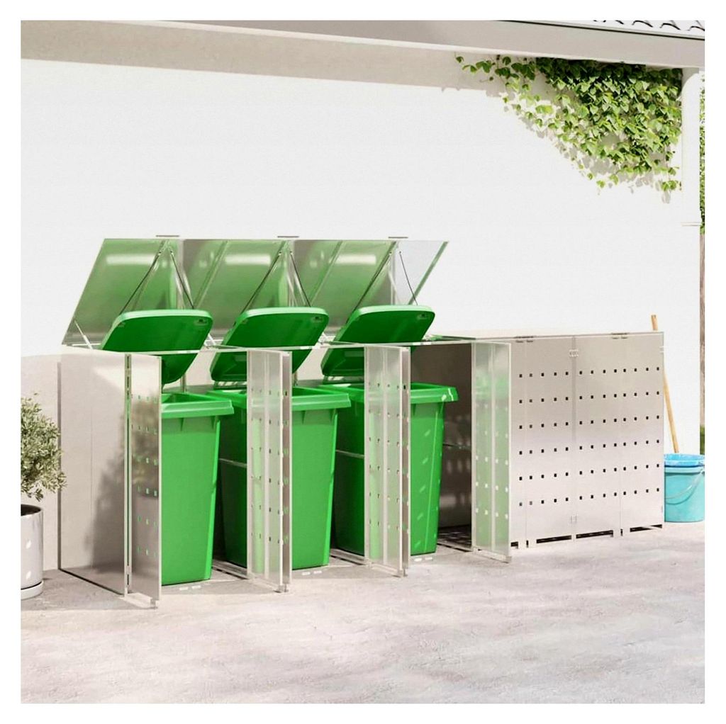 Müllbehälter für 5 Tonnen Silber 340 x 77,5 x 115,5 cm, Mülltonnenbox für Garten, wetterfest für Reihenhäuser, Mehrfamilienhäuser und Gewer...