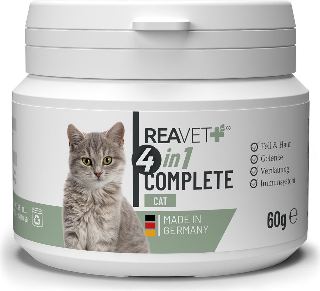 REAVET 4in1 Complete Cat 60g – Vitamine Katze, Rundumversorgung für Katzen, Vitamine, Mineralien, für Gelenke, Nervensystem, Immunsystem, Magen...