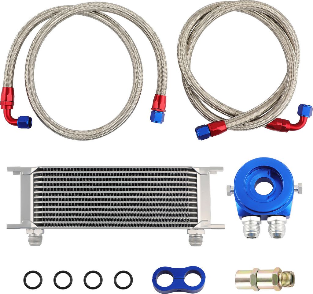 A set of car engine oil cooler parts laid out on a white background.