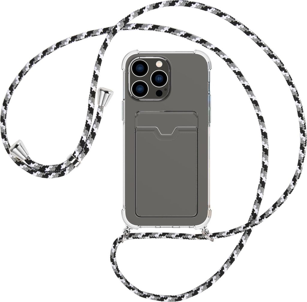 Handykette Backcover-Schutzhülle mit Band (Metall silberfarben) für Apple iPhone 15 Pro Max - schwarz/grau/weiß
