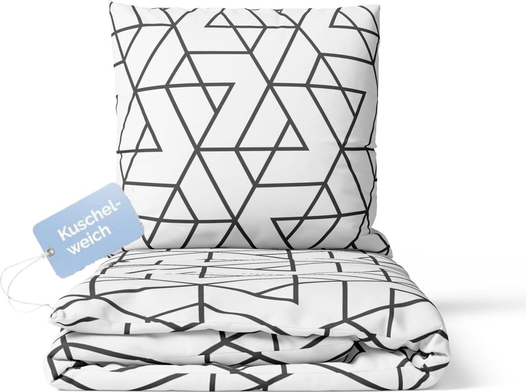 Bettwäsche 155x220 cm 2 teilig Weiß Bettbezug Schwarz geometrisch gemustert 100% Mikrofaser Bügelfrei