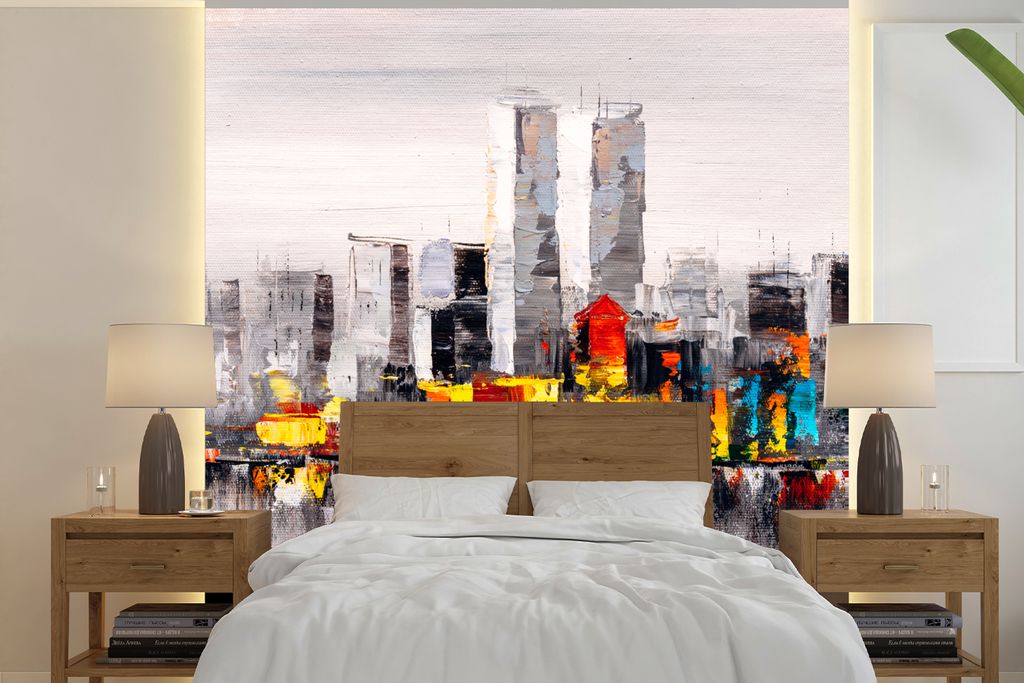 MuchoWow Fototapete für Wohnzimmer oder Schlafzimmer Wandtapete Vinyl Motivtapete Gemälde - Skyline - Farben - Ölfarbe - 240x240 cm - Schlafzi...