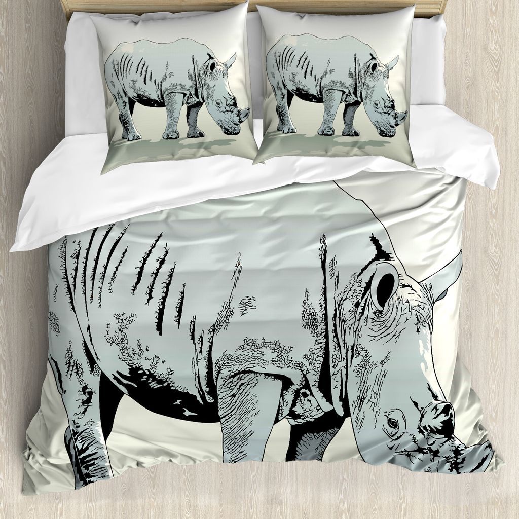 ABAKUHAUS Tier Bettbezugs Set Für Doppelbetten, Afrikanische Nashorn-Kunst, Milbensicher Allergiker geeignet mit Kissenbezügen, Hellgrün und Bab...