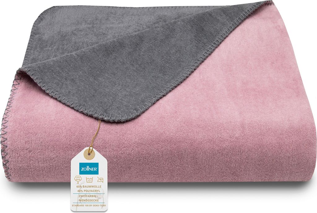 A folded blanket with a pink side and a gray side, with a tag attached.