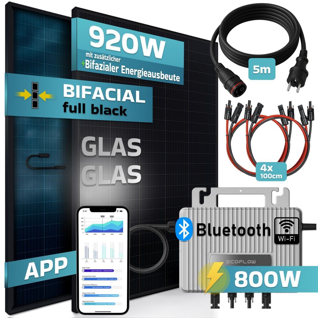 SUNNIVA 920W Balkonkraftwerk BIFAZIAL FULLBLACK komplett Steckdose Ecoflow 800W Wechselrichter, PV Solaranlage, 5m Kabel, Bluetooth WIFI