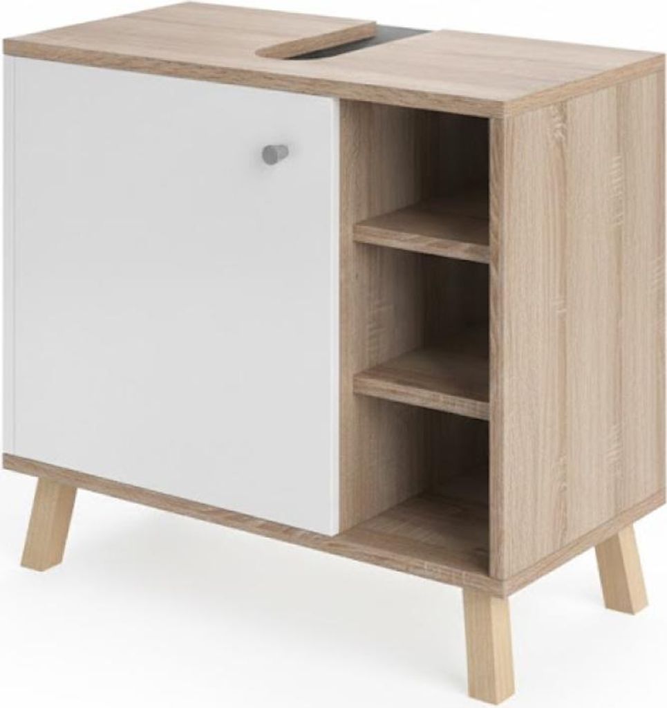 A product shot of a white and wood cabinet with angled legs, set against a white background.