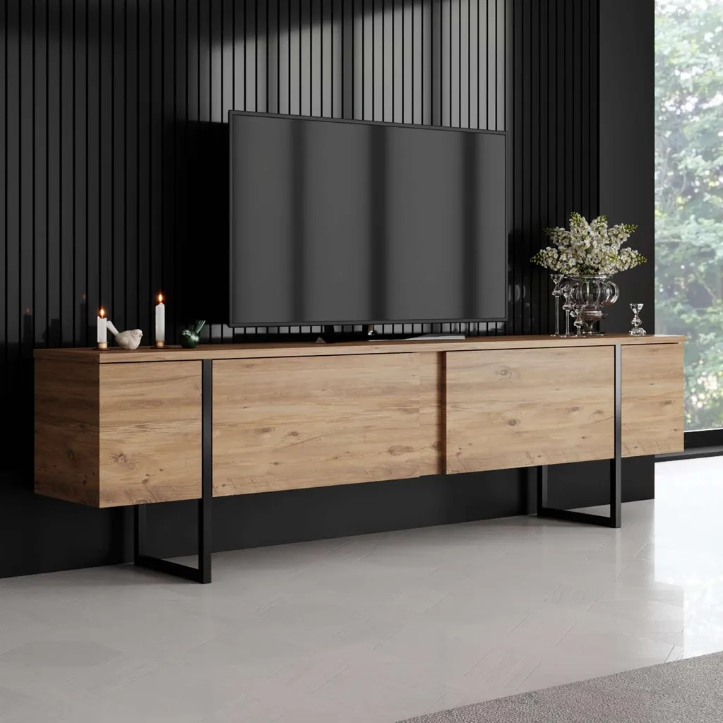 Meuble TV Long 180cm Stable et Anti-Rayures pour Salon Moderne