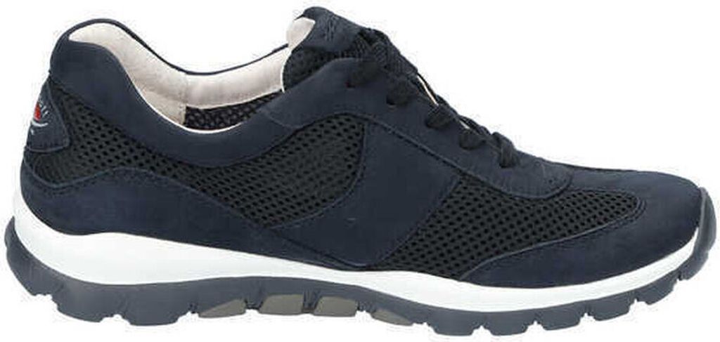 A side view of a navy blue sneaker with a white sole and gray accents.