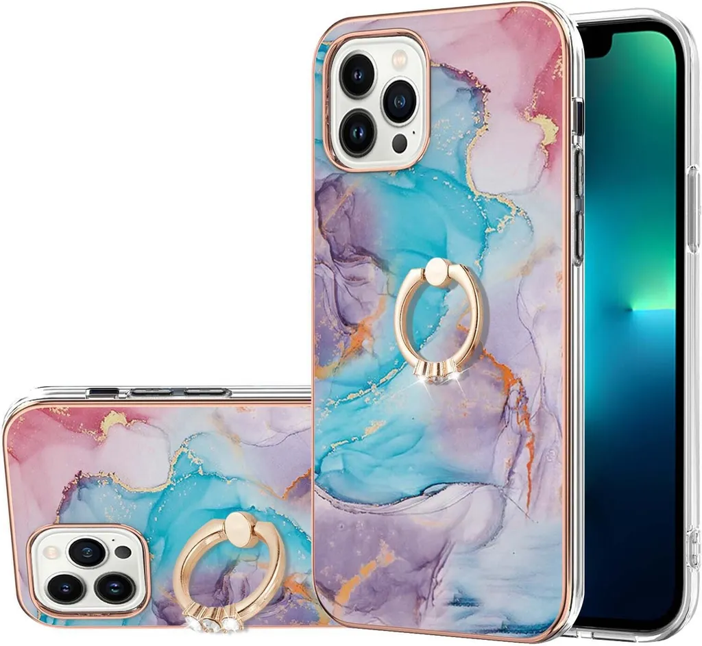 Custodia per iPhone 14 Pro, custodia protettiva in silicone TPU a fantasia con supporto ad anello blu
