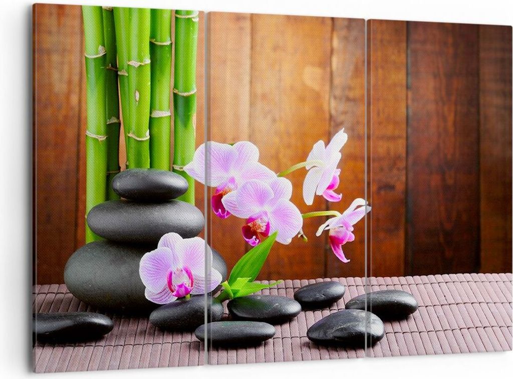 Bild auf Leinwand - Leinwandbild - Bambus Dekoration Blume Orchidee - 105x70cm - Wand Bild - Wanddeko - Leinwanddruck - Bilder - Kunstdruck - Leinw...