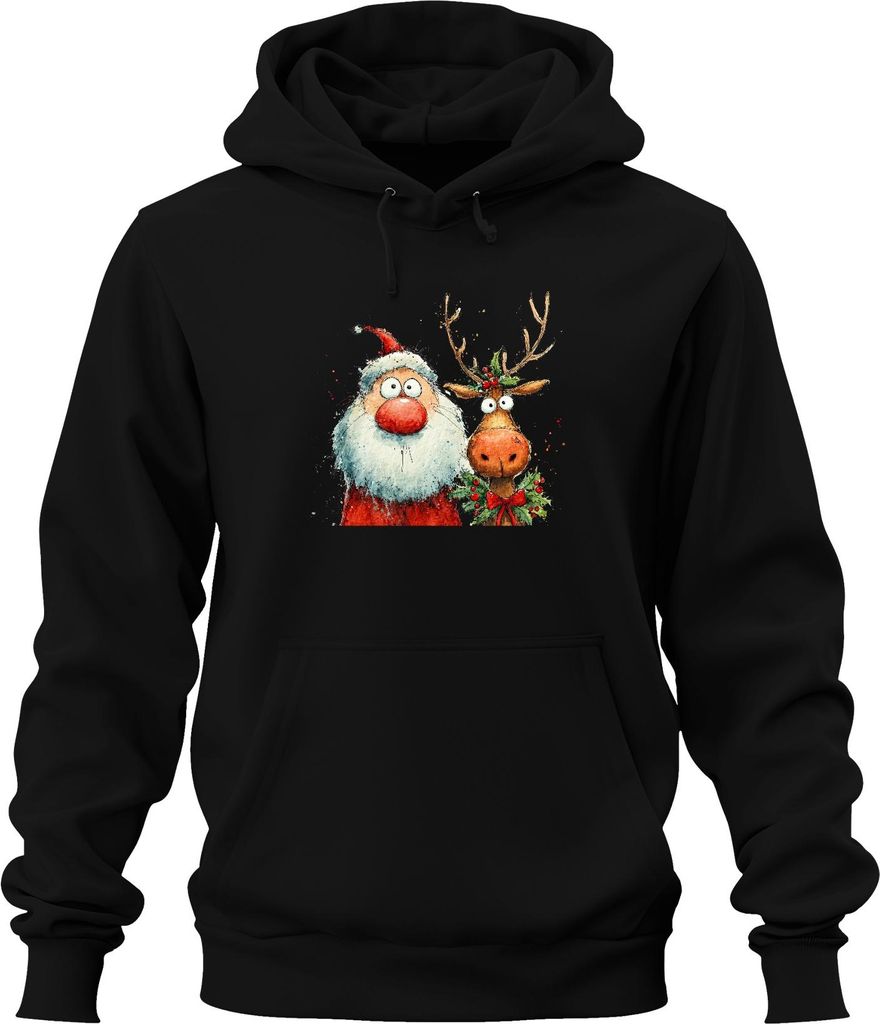 Lustiger Weihnachtsmann und Rentier Aquarell Weihnachten Geschenk Uni Hoodie Kapuzenpullover, Schwarz, XL