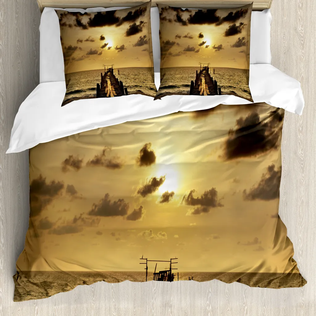 ABAKUHAUS Set copripiumino nautico per letti matrimoniali, ponte in legno tramonto, antiacaro, adatto a chi soffre di allergie, con federe, giallo-grigio