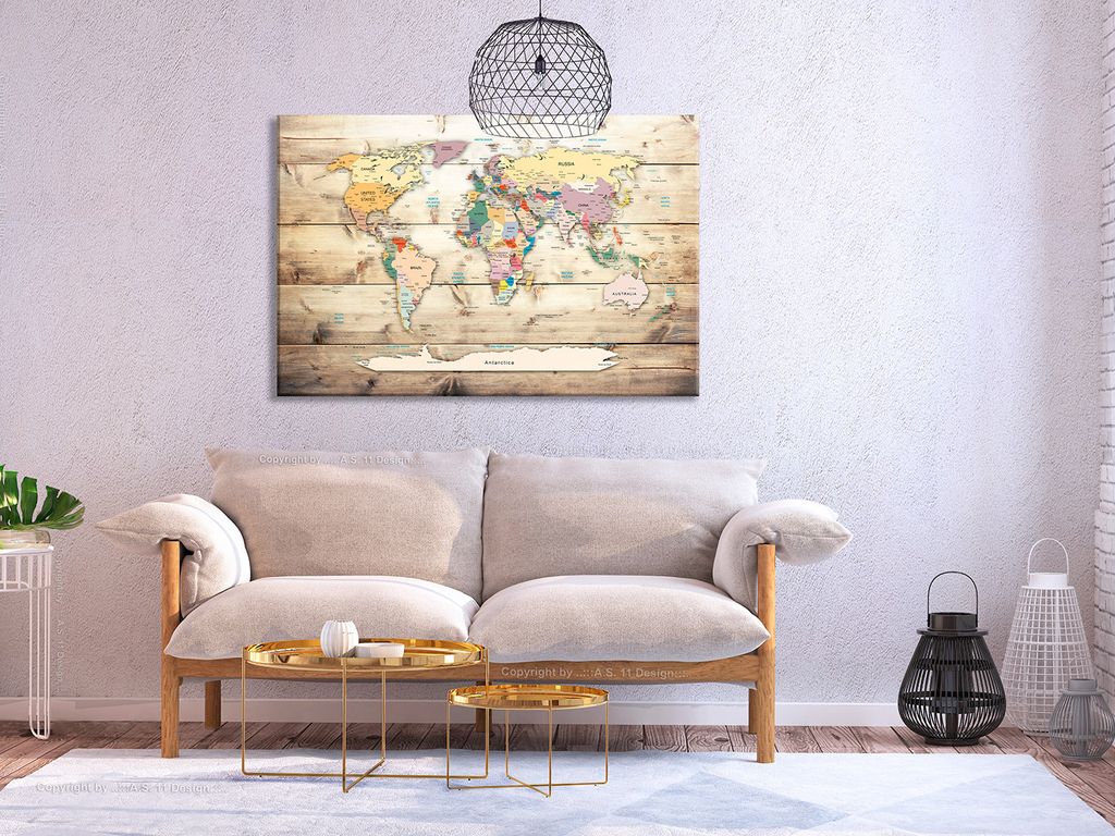 Vliesstoff Korkbild - World Map: Wooden Oceans 90x60 cm Karten k-C-0077-p-a