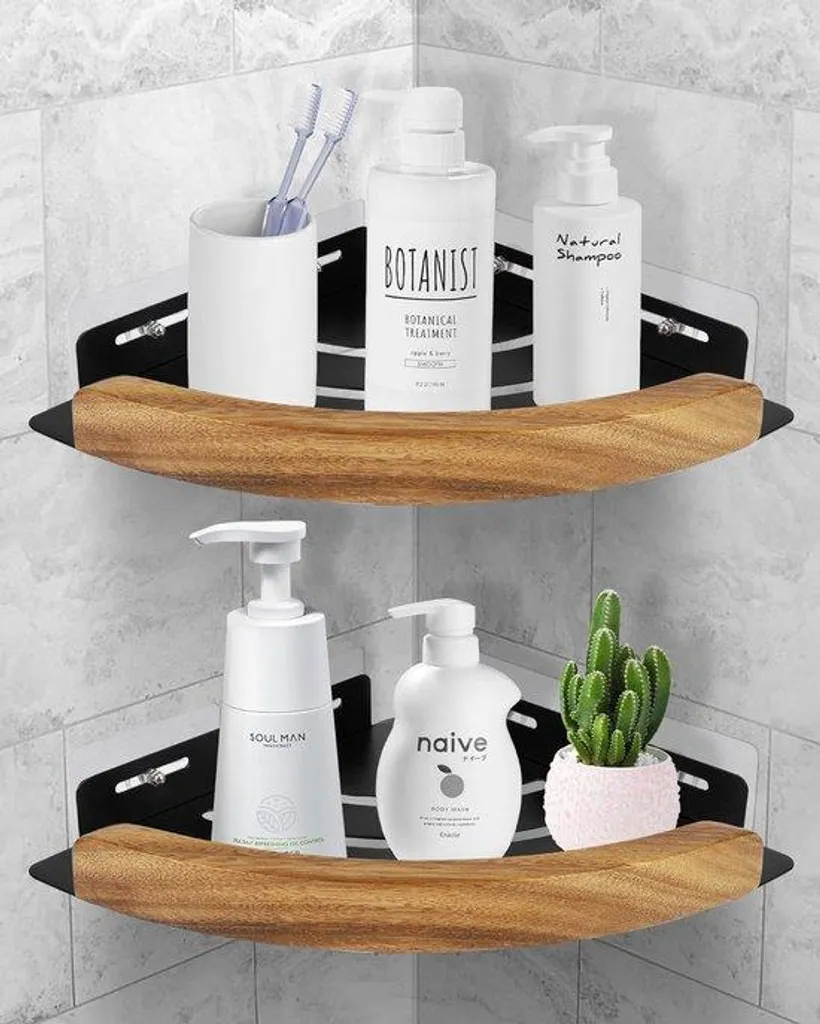 Étagère de salle de bain noyer massif et noir mat, finition premium