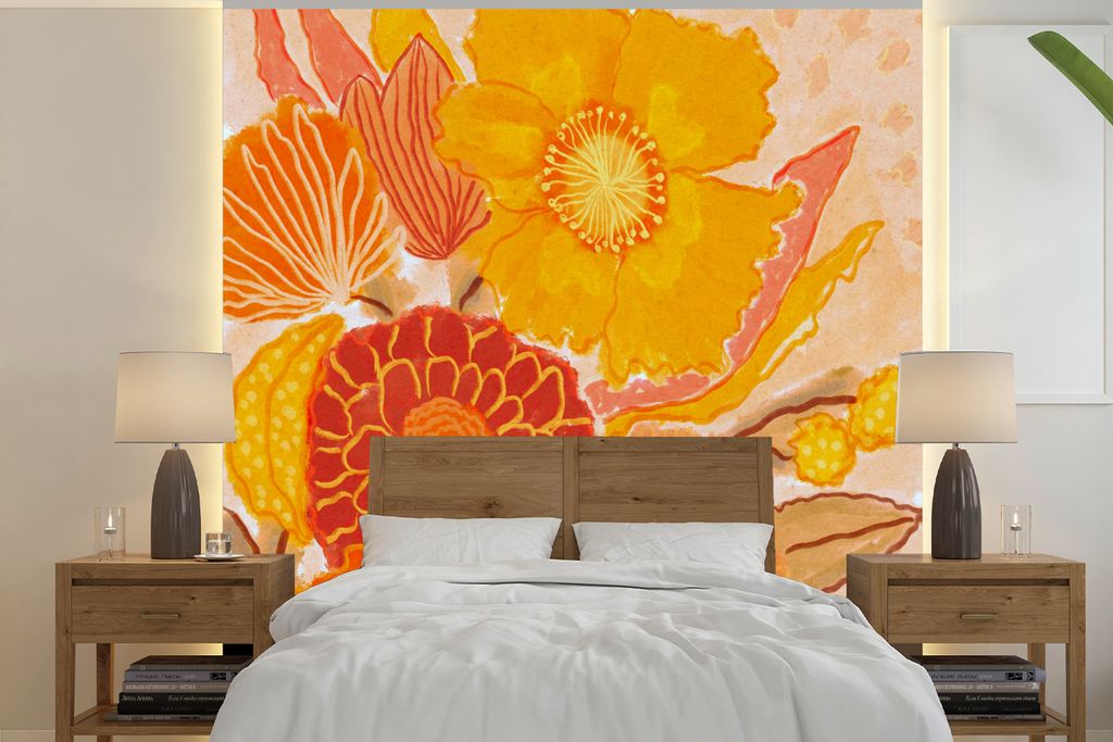 MuchoWow Fototapete für Wohnzimmer oder Schlafzimmer Wandtapete Vinyl Motivtapete Vintage - Blumenstrauß - Blumen - Gelb - Farben - 280x280 cm ...