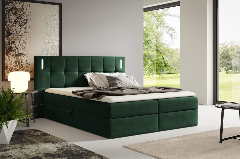 Doppelbett 200x200 FANA mit LED-Beleuchtung – Flaschengrün + GRATIS Matratzenauflage