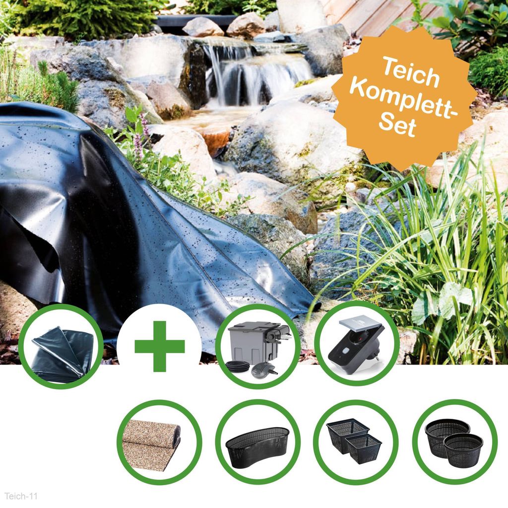 Teich Set "Wolga" - Grosser Folienteich - Teichfolie 48 Qm Mit Durchlauffilter Set Fpu16000-00, Ufer-/Bachlauffolie, Pflanzkörben Und Smart Plug