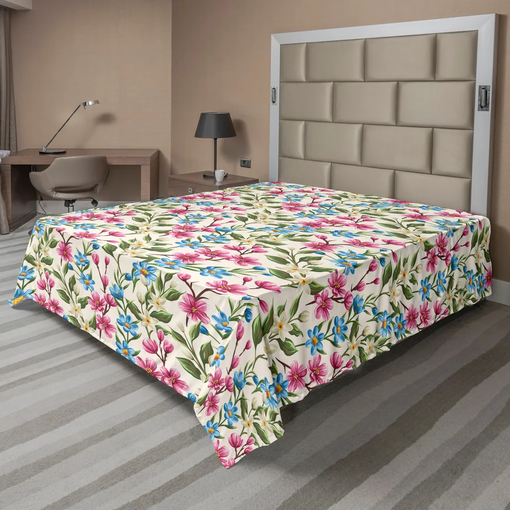 Drap de Lit Doux Anti-Peluches, Grand Format 260x228 cm à Fleurs Jaunes Bleu