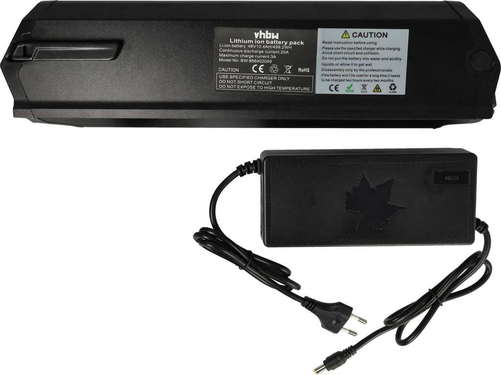 vhbw Akku kompatibel mit Fitifito CT28M, CT28, FT26 48v (2019), E-MTB, MT27.5, MT29 E-Bike (10,4 Ah, 48 V, Li-Ion, inkl. Ladegerät) - Schwarz