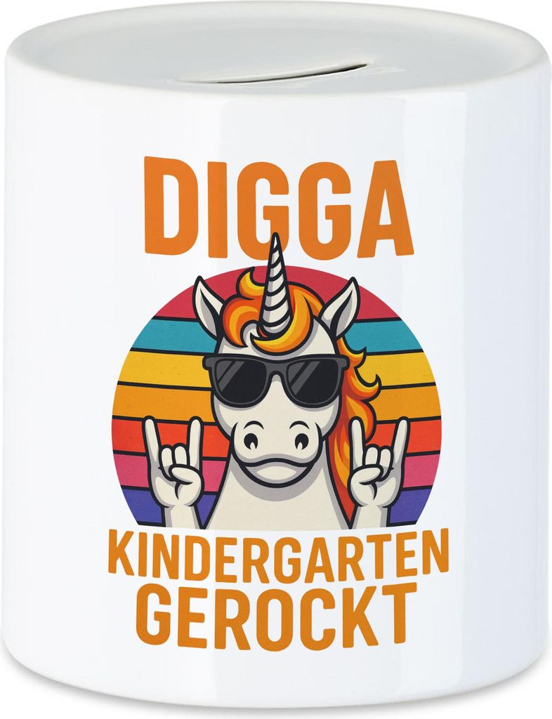 Digga Kindergarten gerockt Spardose Geschenkidee Einschulung Vorschule Abschied Kindergarten Einhorn