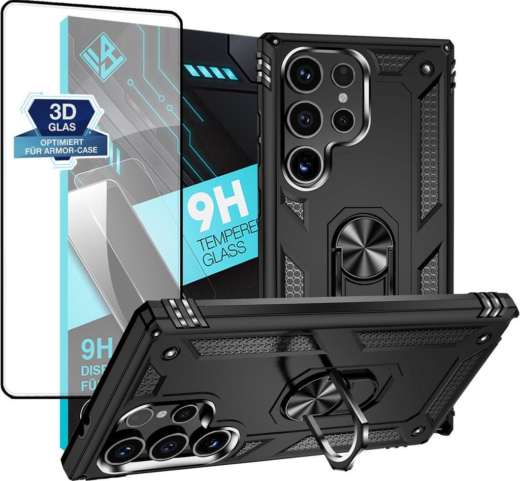 Armor Outdoor Handyhülle für Samsung Galaxy S24 Ultra Handy Panzer Case Schutzhülle mit 9H Displayglas Displayschutz Farbe: Schwarz