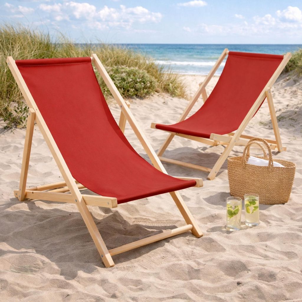 2er Set Liegestuhl Doppelpack Strandliege Liege Stuhl Strand Sonnenliege Gartenliege Klappstuhl Rot