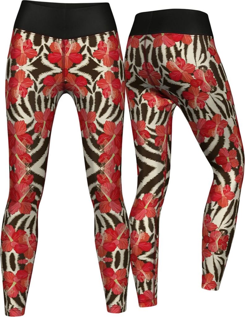 Flowers Leggings sehr dehnbar für Sport,Yoga, Gymnastik, Training & Fashion Schwarz/Weiß/Rot, Größe:S