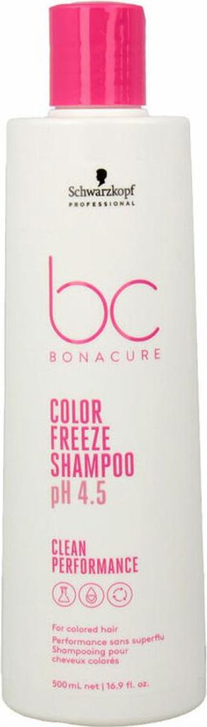 A white bottle of Schwarzkopf Bc Color Freeze Shampoo with a pink cap.