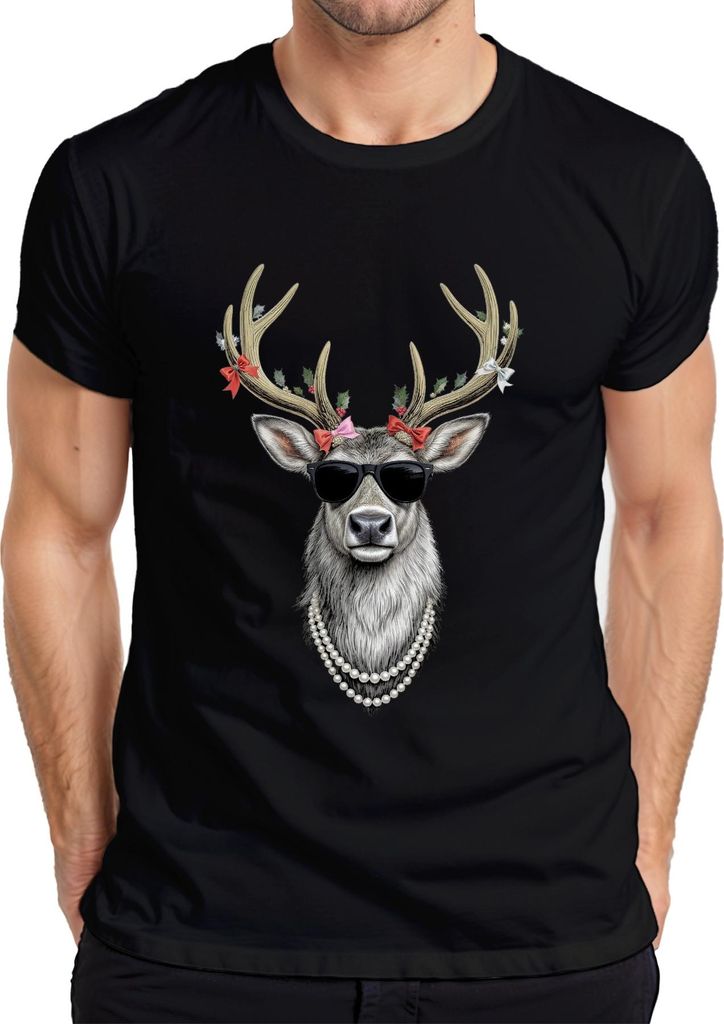 Cooles Rentier mit Sonnenbrille Perlenkette Weihnachten Retro Herren T-Shirt, Schwarz, 3XL