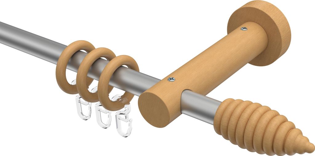 Interdeco Gardinenstange / Vorhangstange Silbergrau / Buche lackiert, Typ Adrian Asta (Rillenform), 16 mm Ø 1-läufig, 440 cm