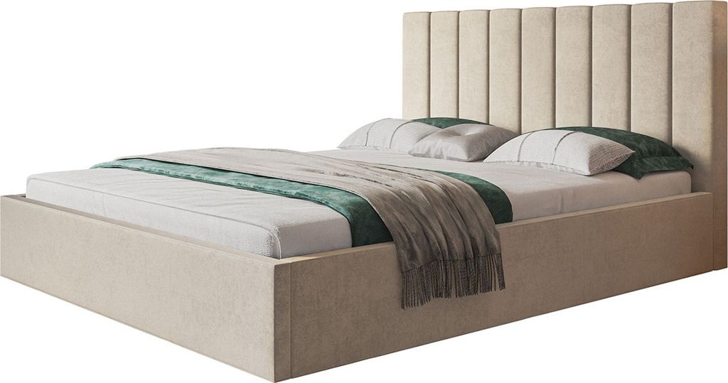 Elegantes Doppelbett SAPPORO SLIM 180x200 mit Bettkasten & Lattenrost aus Metall - Polsterbett Farbe: Beige, Velourestoff