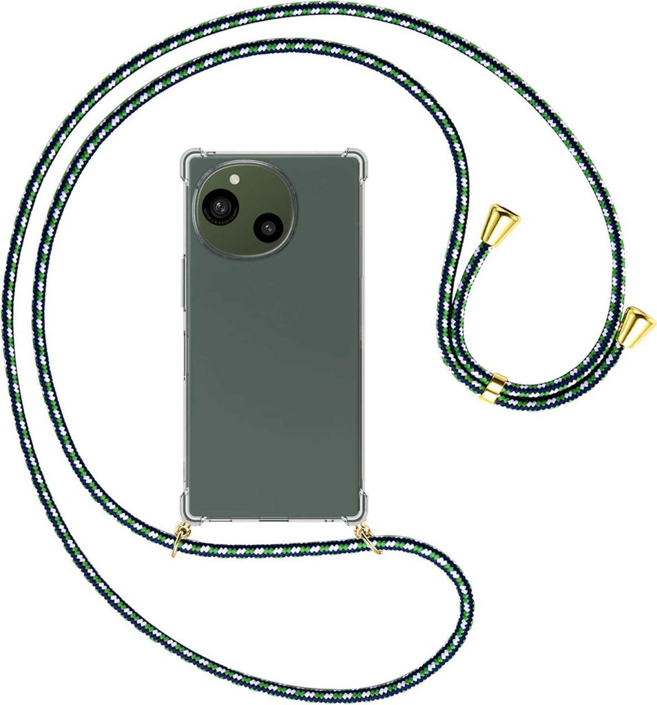 Handykette Backcover-Schutzhülle mit Band (Metall goldfarben) für Sharp Aquos R9 - grün/blau/weiß