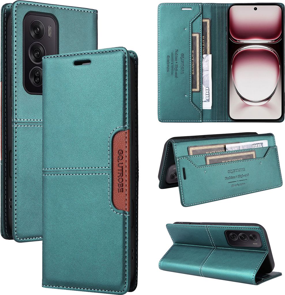 Handyhülle für Oppo Reno12 Pro 5G Hülle, Leder Flip Wallet Kartenfach Stand Schutzhülle Grün